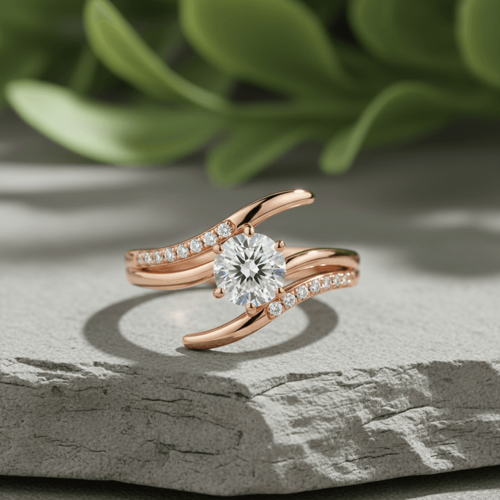 AI-generated bypass ring setting design with flowing organic vine-like band