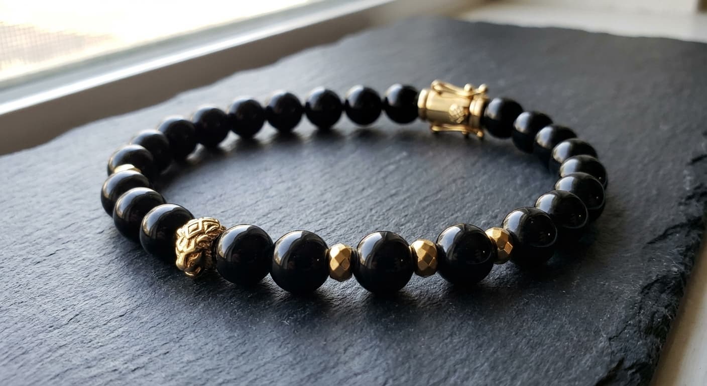 Men's beaded bracelet with tiger's eye and onyx