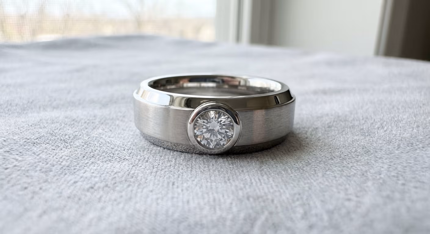 Men's minimalist platinum engagement ring with black diamond accent
