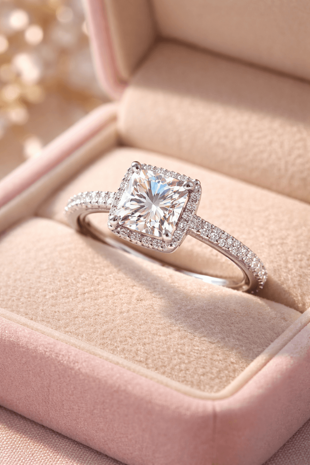 Moissanite vs diamond side-by-side comparison showing identical brilliance