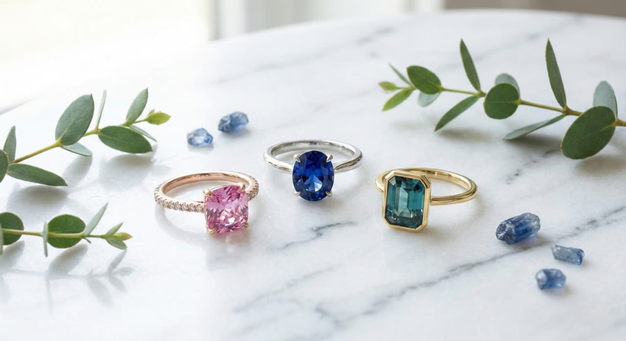 Pink, blue, and teal gemstone rings in rose gold, platinum, and yellow gold