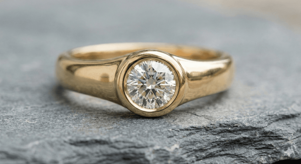 Flush gypsy setting ring showing clean minimalist diamond embedding