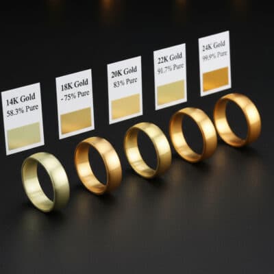 Gold karat color comparison showing 10K, 14K, 18K, 24K differences