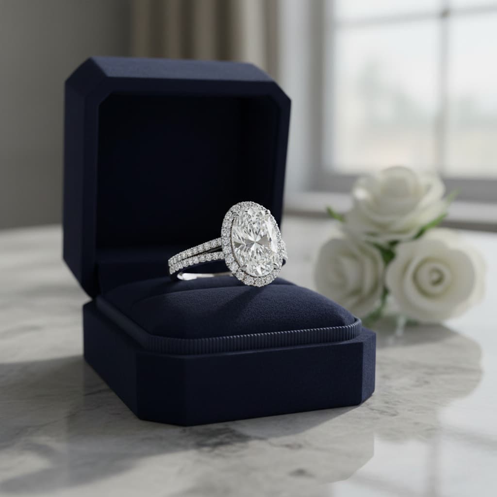 Oval halo diamond engagement ring designed online with Tashvi AI