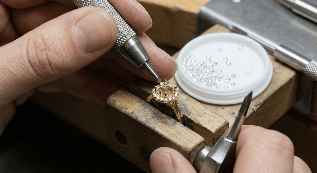 Jeweler setting melee diamonds in a halo ring showing the manufacturing process for custom jewelry design