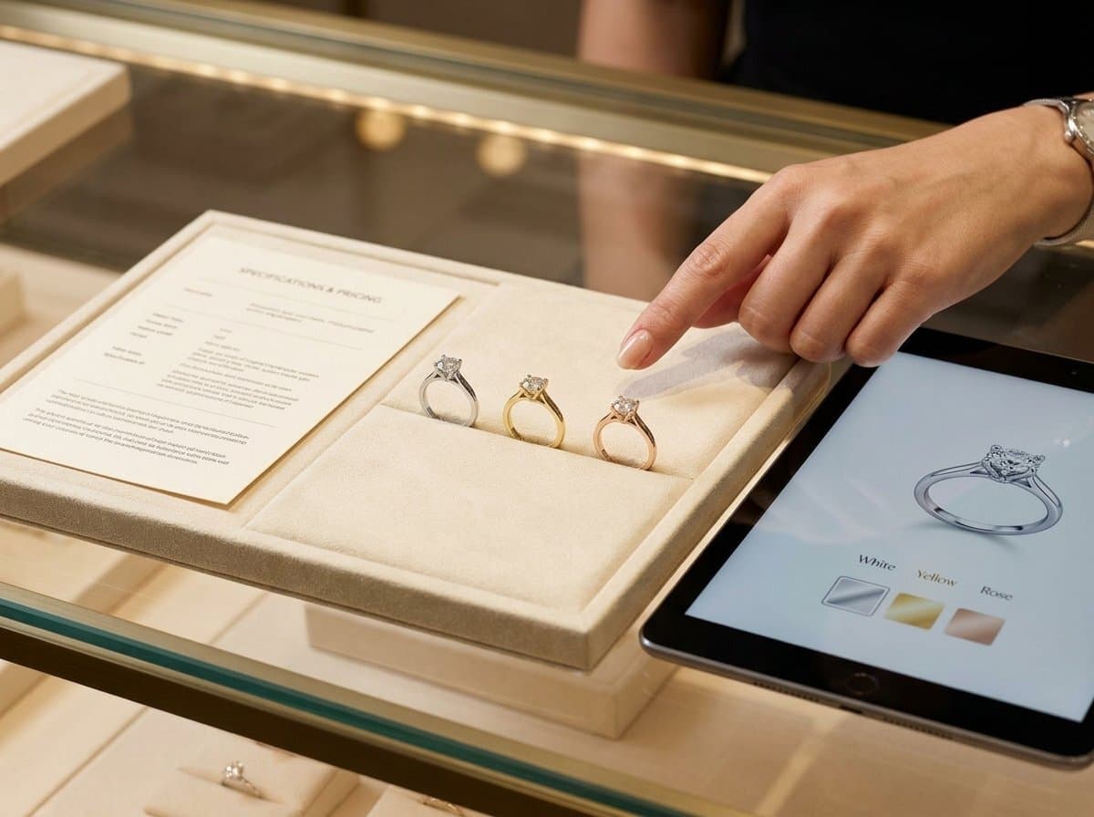 A client choosing between the same solitaire in white, yellow and rose gold at the counter, with the specification card beside the tray