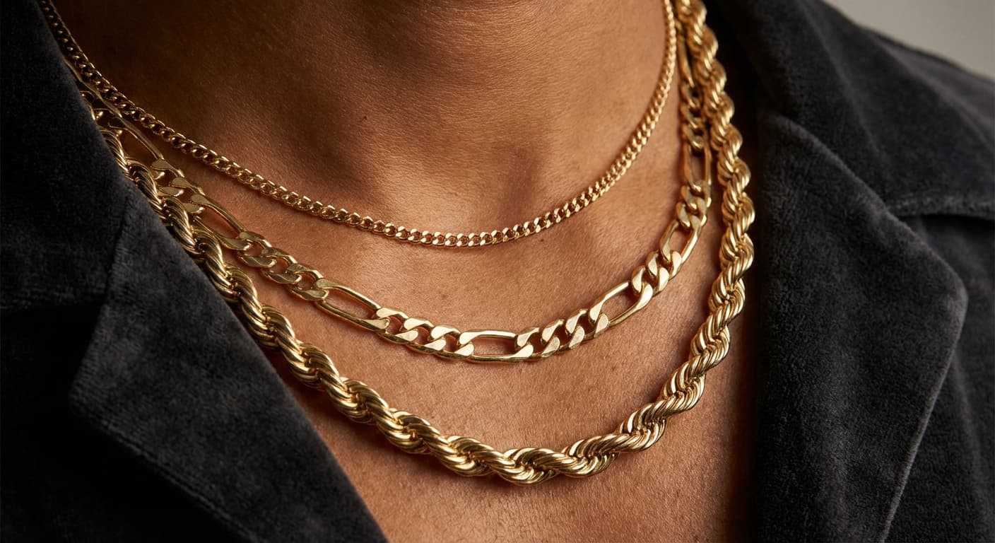 Men's layered gold chains with Cuban link and pendant