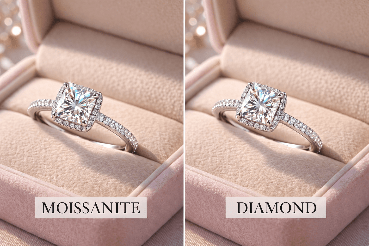 Moissanite displaying brilliant fire and sparkle compared to diamond