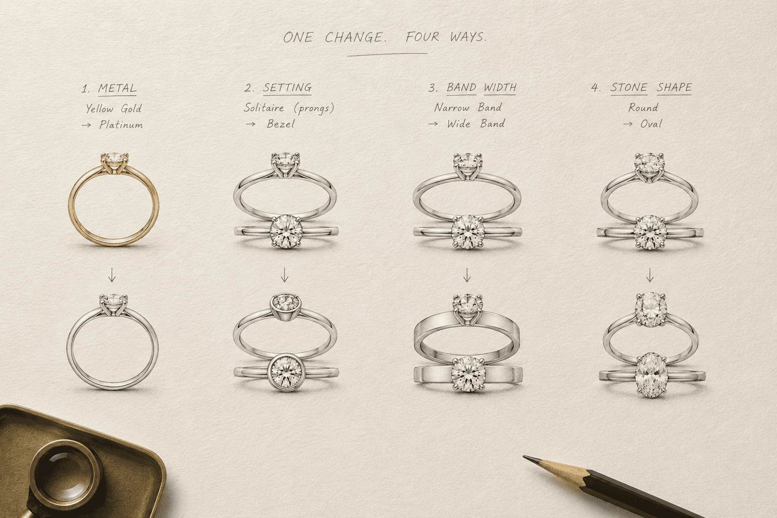 One change, four ways: the same solitaire varied by metal, setting, band width and stone shape, one element at a time