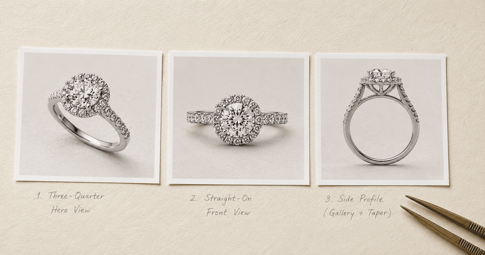 The three views of a halo engagement ring: three-quarter hero, straight-on front, and side profile showing gallery height and shoulder taper