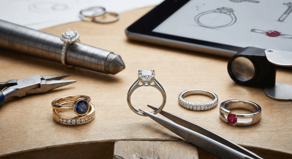 Visual guide to ring settings showing prong, bezel, halo, and other setting types