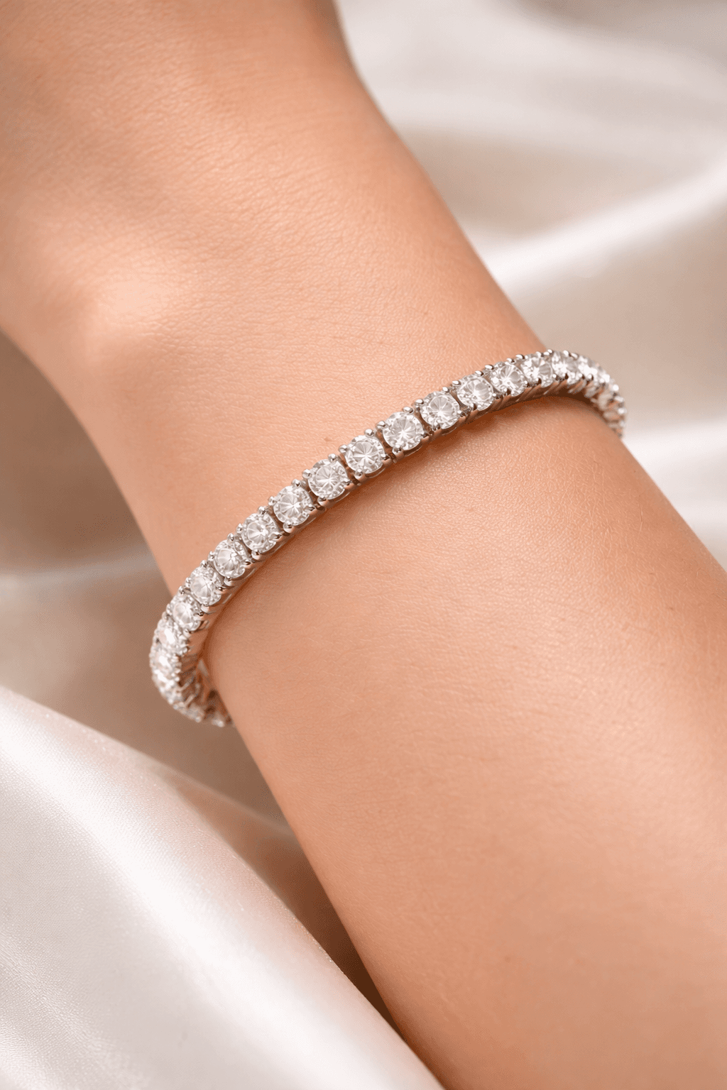 Tennis bracelet shown on wrist for social media product photography