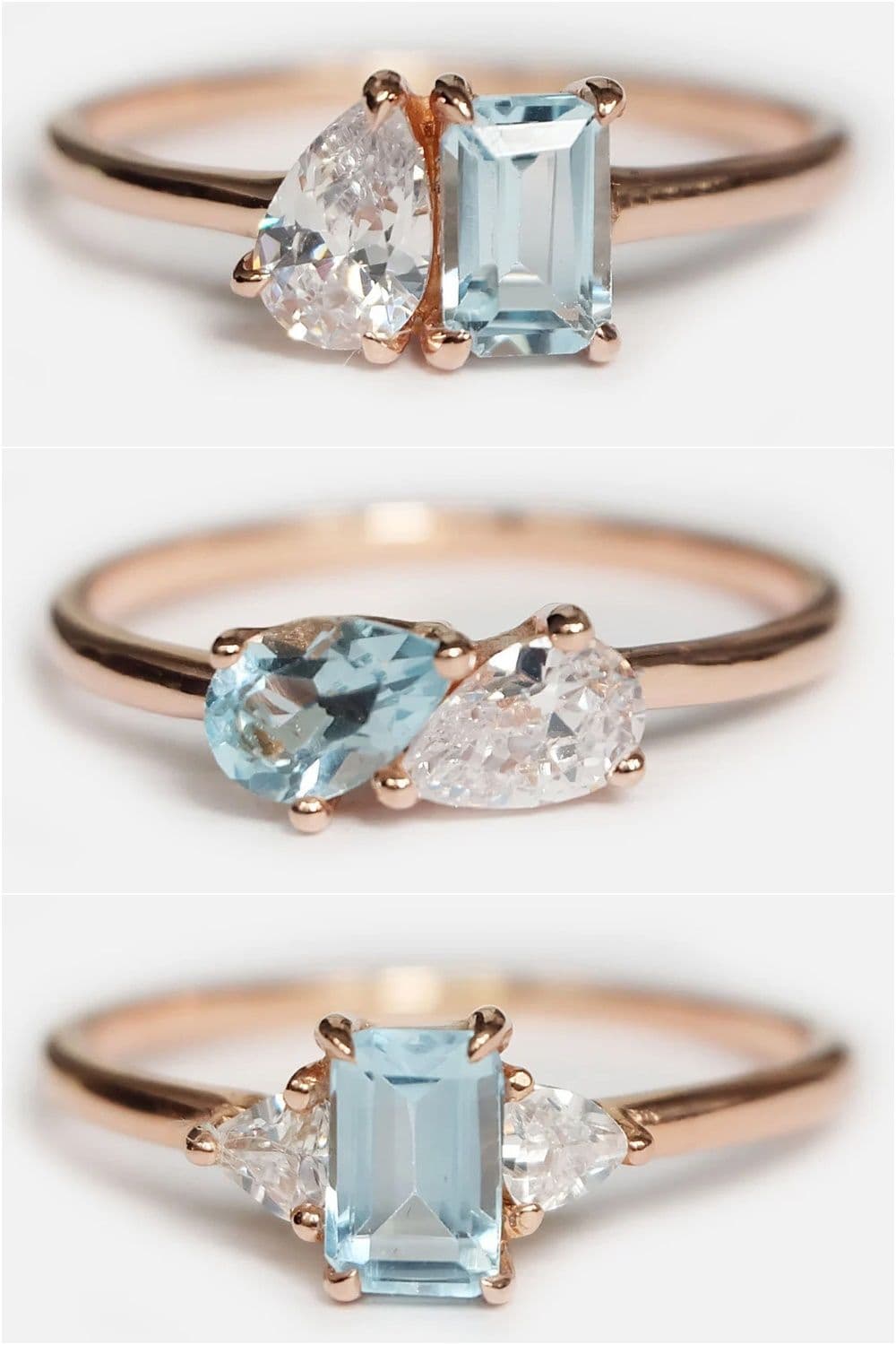 Three variations of toi et moi rings with aquamarine and diamond in rose gold showing different shape combinations