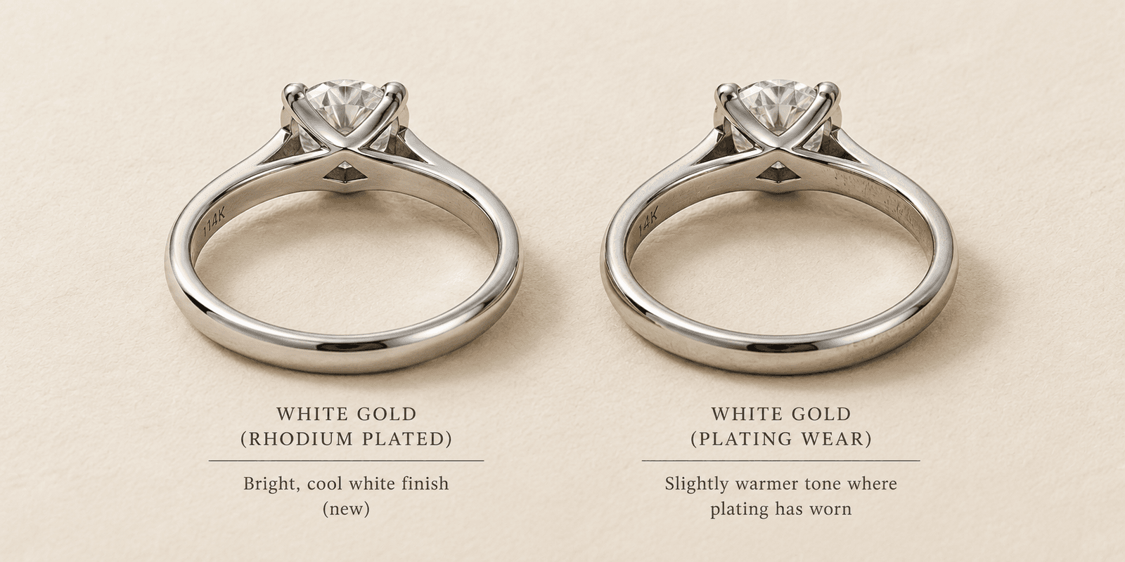 The same white gold solitaire freshly rhodium plated and with the plating worn through to a warmer tone