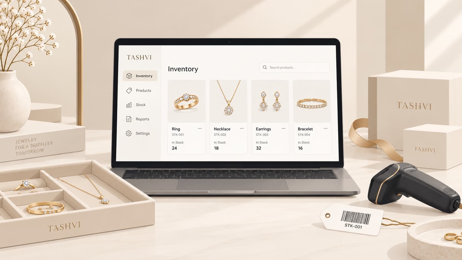 Tashvi One jewelry inventory screen on a jeweler's counter, beside a tray of rings and a tagged piece