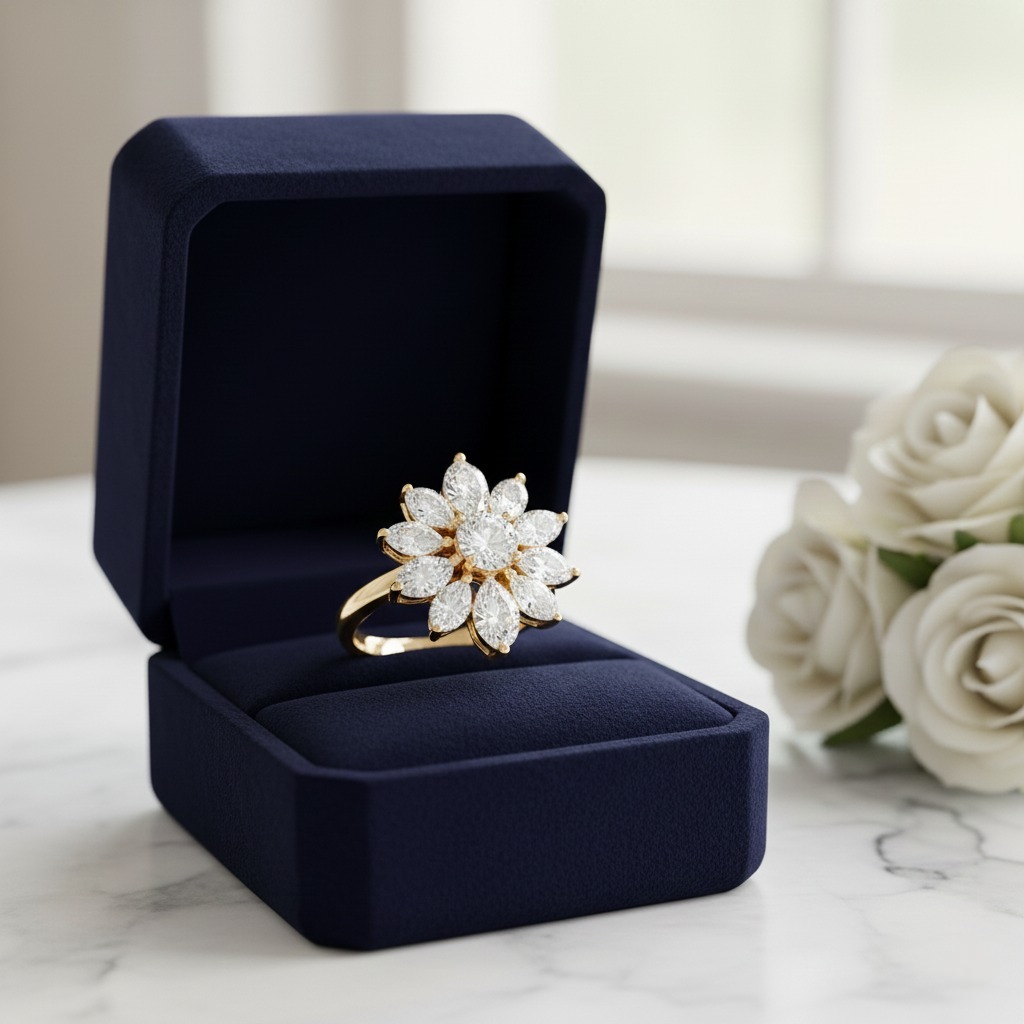 Cluster diamond ring with floral design created using AI jewelry design software