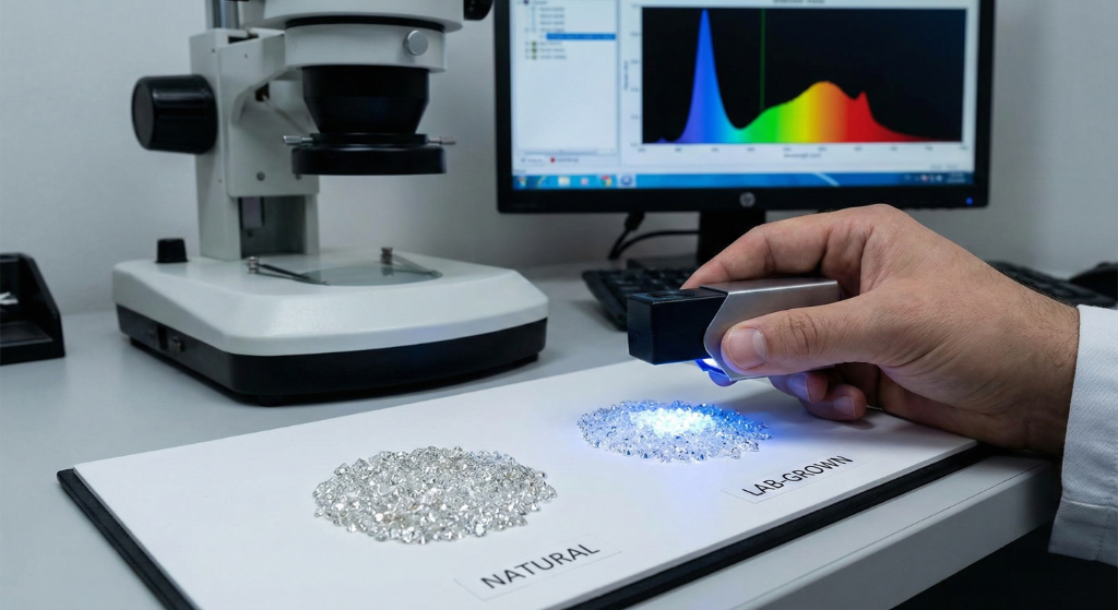 Diamond screening process comparing natural vs lab-grown diamonds