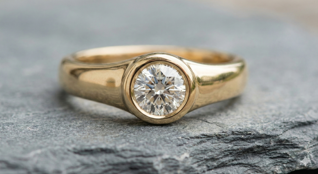 AI jewelry design flush gypsy setting ring with stone set level with metal surface