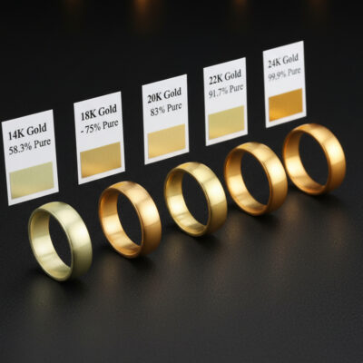 Gold karat color comparison for AI jewelry design showing 10K 14K 18K and 24K metal differences