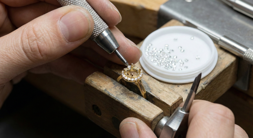 AI jewelry design reference showing jeweler setting melee diamonds into a halo engagement ring