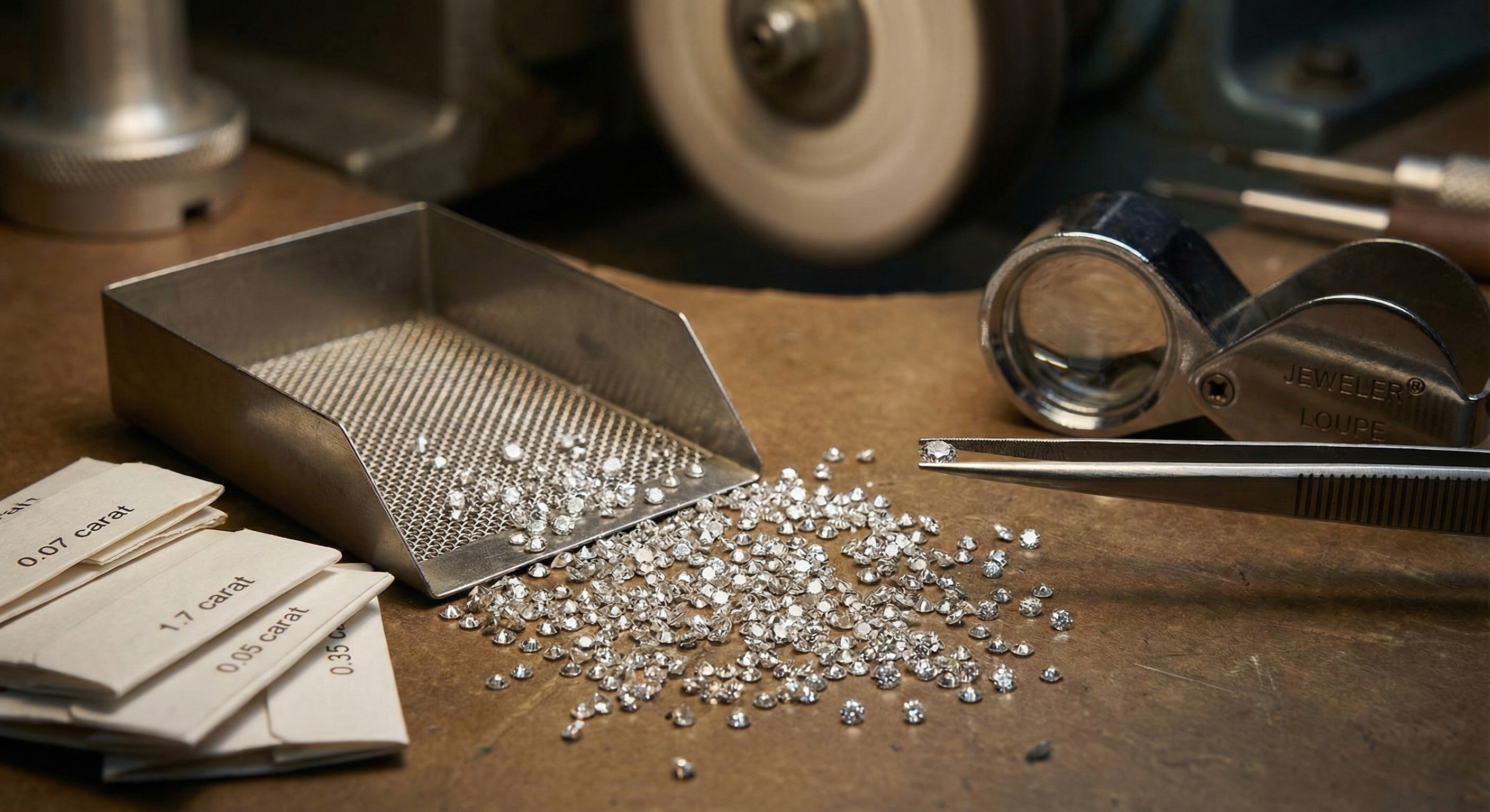 Melee diamond sorting with sieves and parcels on a jeweler workbench
