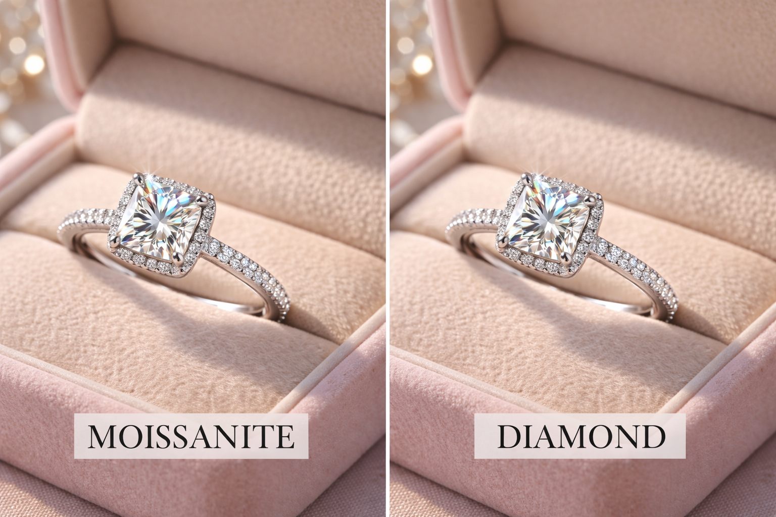 Moissanite displaying brilliant fire and sparkle compared to diamond