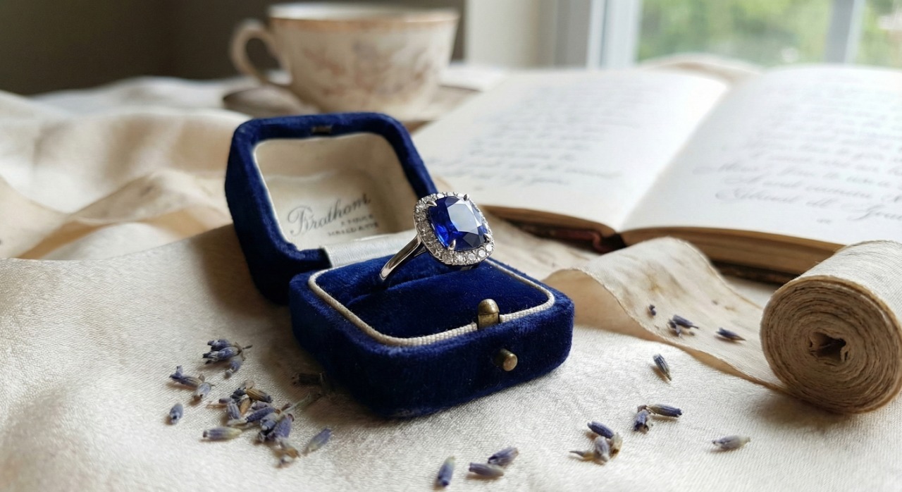 AI-generated blue sapphire engagement ring presented in a navy blue ring box