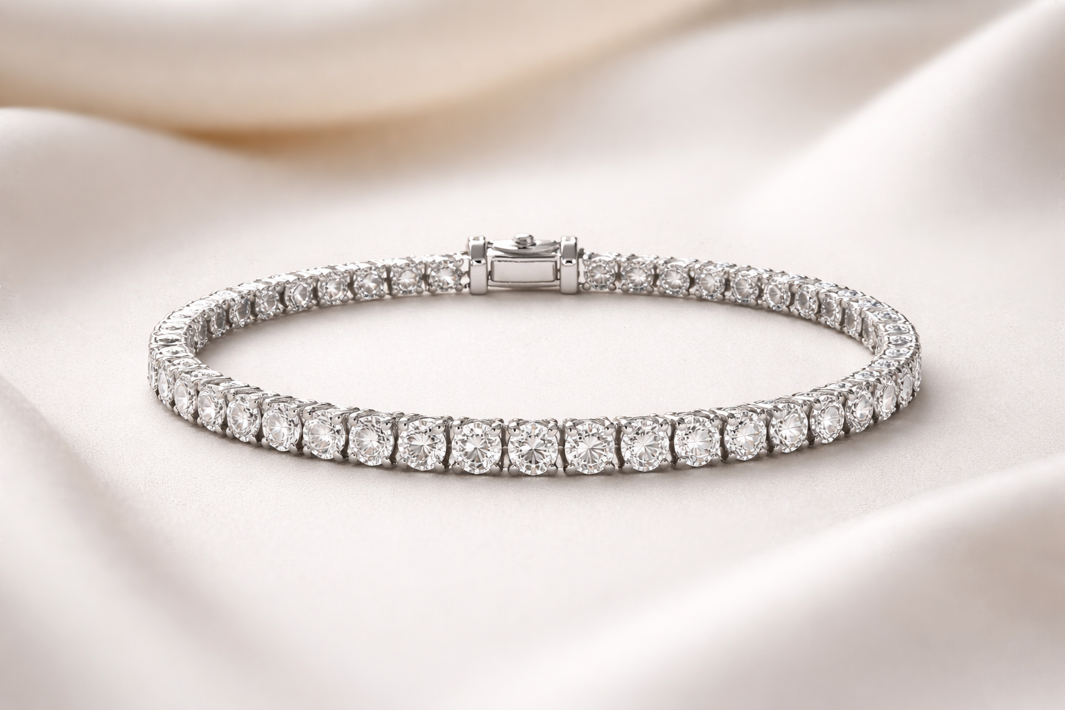 AI-generated tennis bracelet close-up showing clasp and prong setting detail for jewelry design