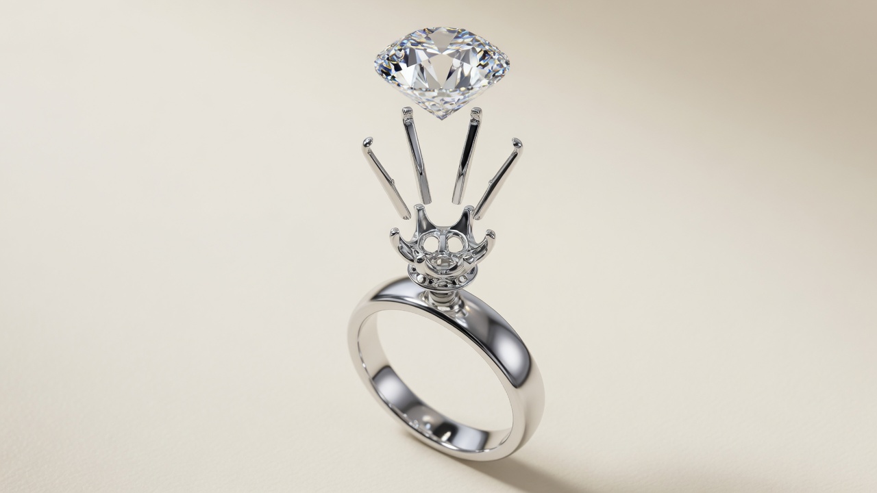 Exploded solitaire — centre stone, prongs, setting head, and band listed as separate parts
